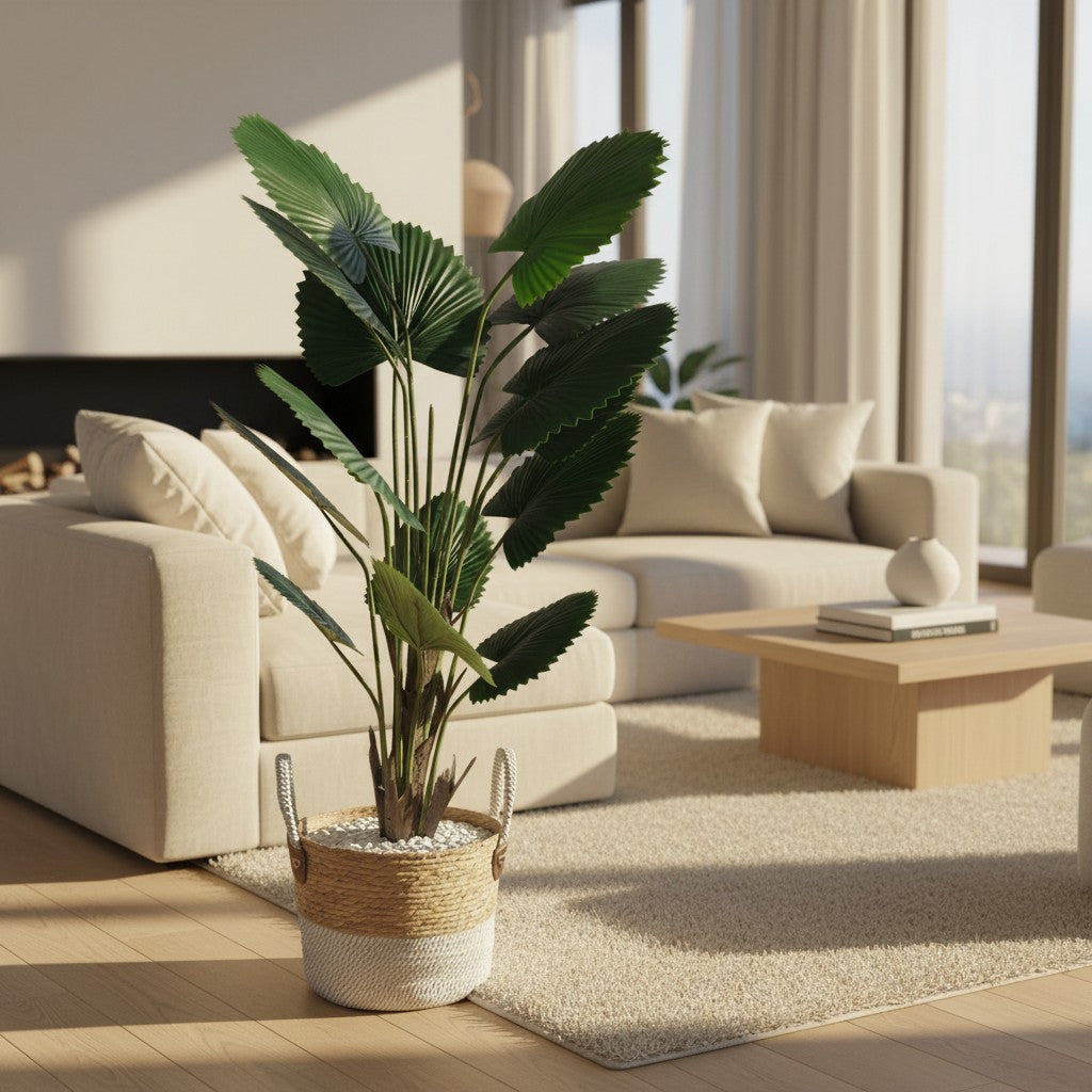 Wadi Home artificial fan palm plant with deep green leaves in a two-toned woven basket with white stone base