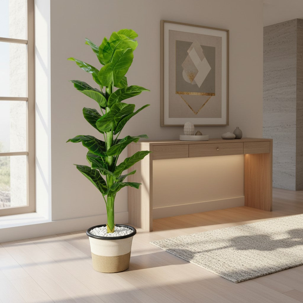 Wadi Home artificial fiddle leaf fig plant in a two-tone textured pot with white stones in a modern living room