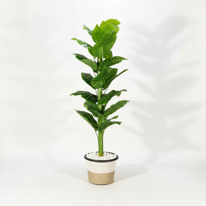 Wadi Home artificial fiddle leaf fig plant with vibrant green leaves in a two-tone textured pot with white stones.