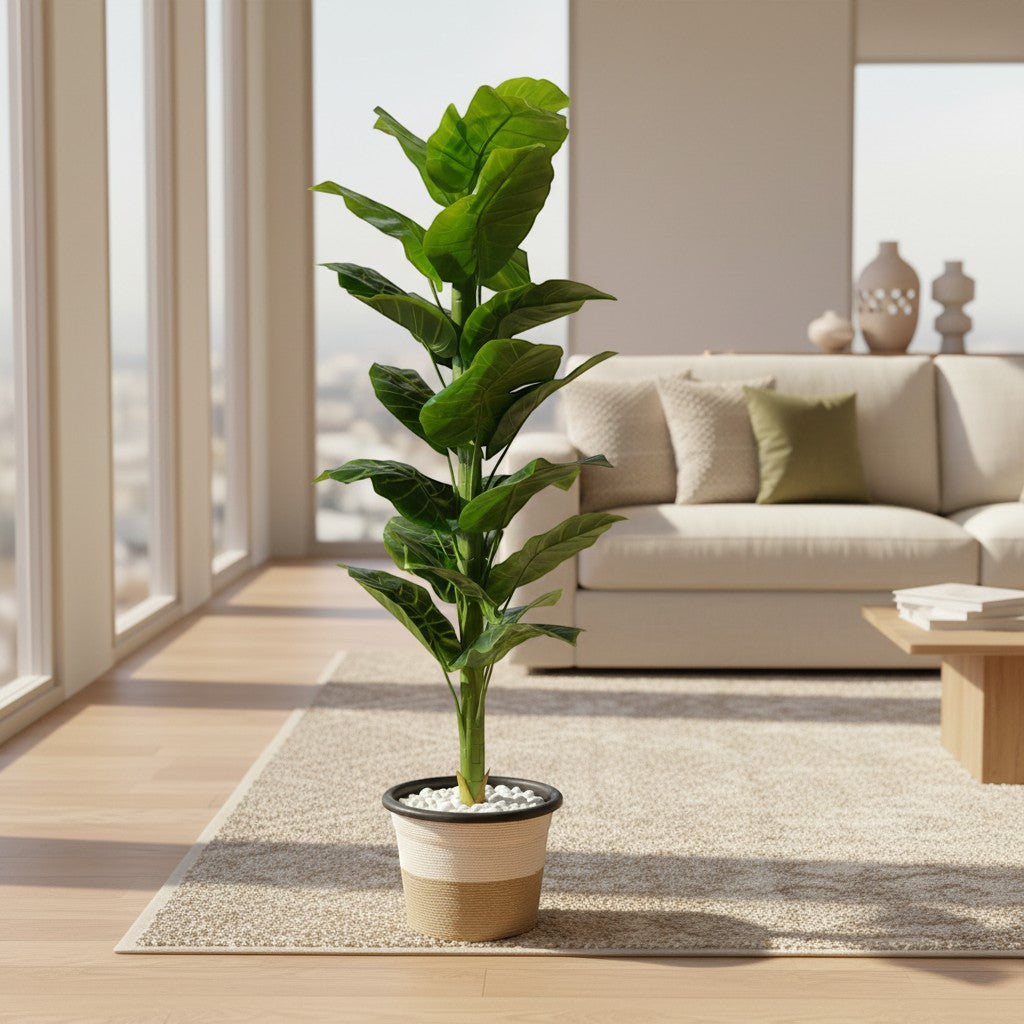 Wadi Home artificial fiddle leaf fig plant with vibrant green leaves in a two-tone textured planter with white stones.
