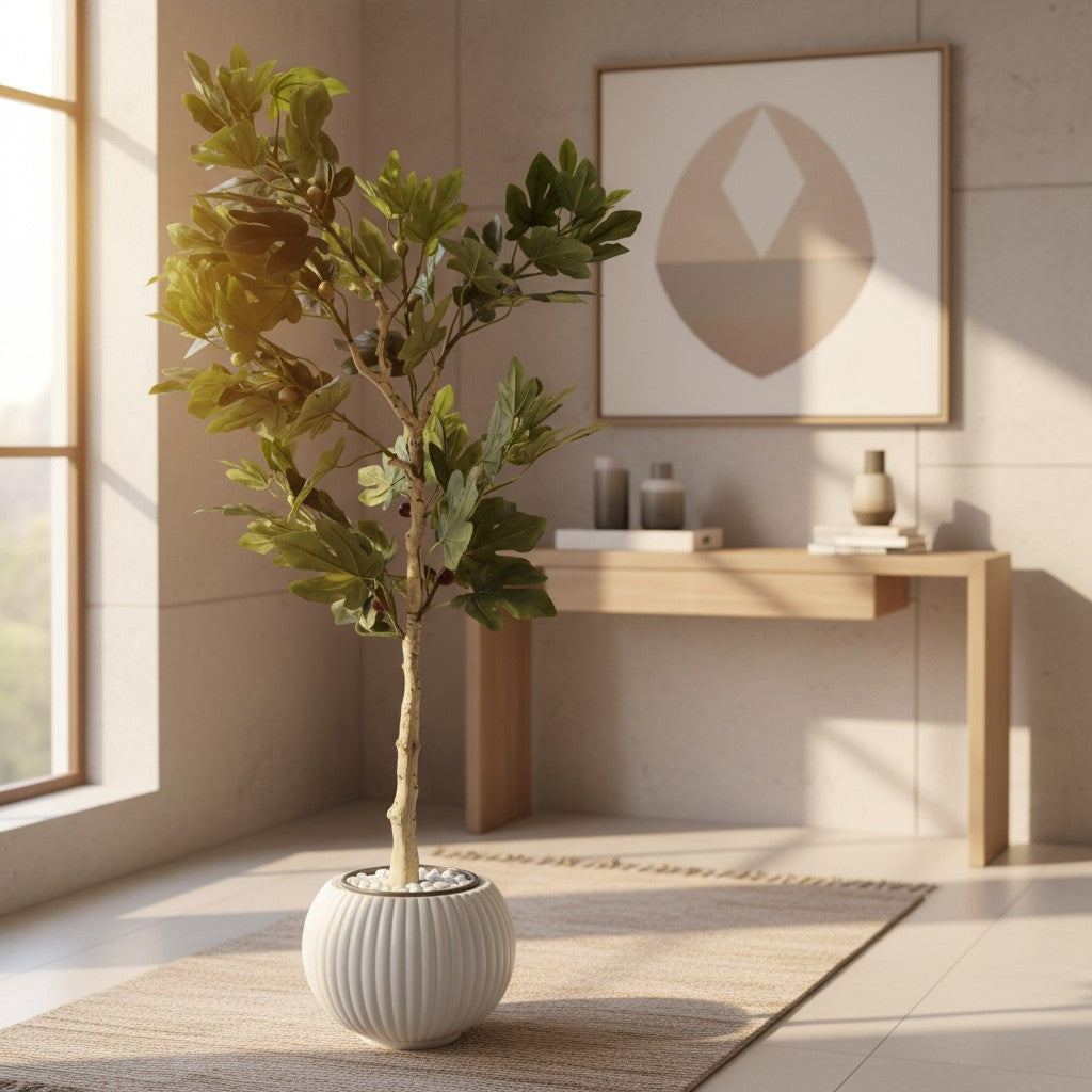 Wadi Home artificial fig tree with green leaves and fruit in a ribbed white planter with decorative pebbles.