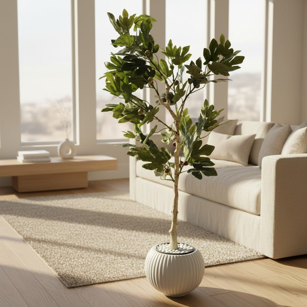 Wadi Home artificial fig tree with lush green leaves and fruit in a ribbed white planter with decorative pebbles.