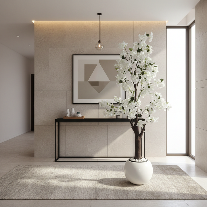 Wadi Home artificial flowering tree with white blossoms in a modern white spherical planter on a neutral rug.