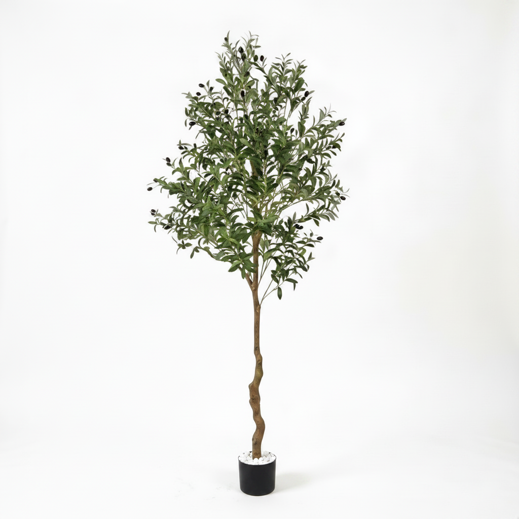 Wadi Home artificial olive tree with green leaves and faux olives in a black pot with white decorative stones