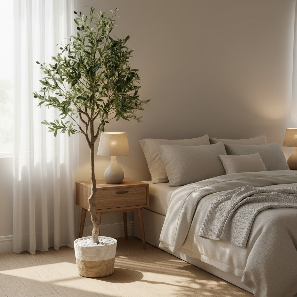 Wadi Home artificial olive tree with silvery-green leaves in a jute pot, placed in a bright, rustic bedroom.