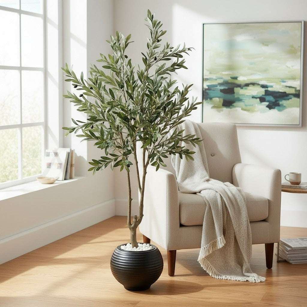 Wadi Home artificial olive tree with realistic green leaves and black olives in a black pot with white stones.