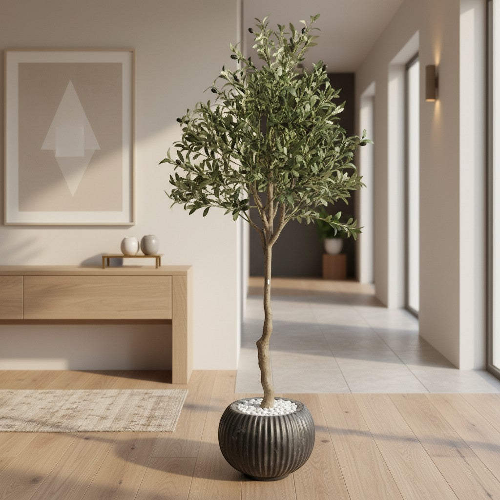 Wadi Home artificial olive tree with green leaves and small olives in a black ribbed pot with white pebbles