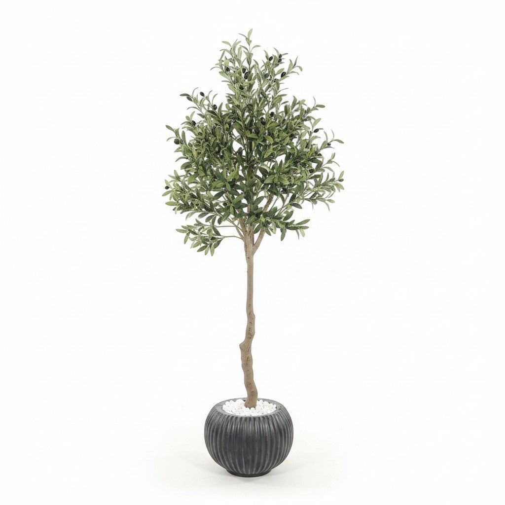Wadi Home artificial olive tree with green leaves and small olives in a ribbed black pot on a white background