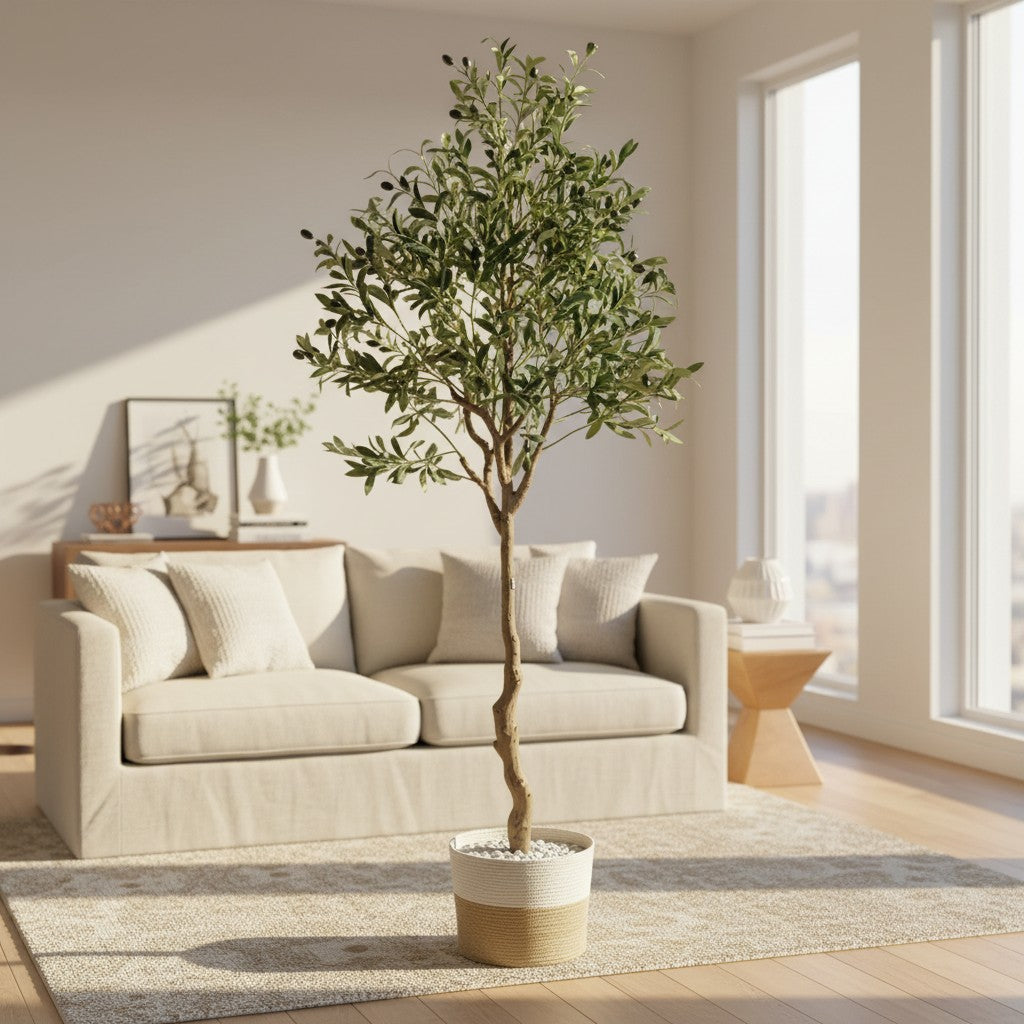 Wadi Home artificial olive tree with gnarled trunk and silvery-green leaves in a two-tone jute pot in a bright room.