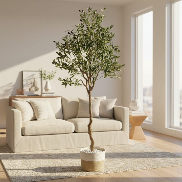 Wadi Home artificial olive tree with gnarled trunk and silvery-green leaves in a two-tone jute pot in a bright room.
