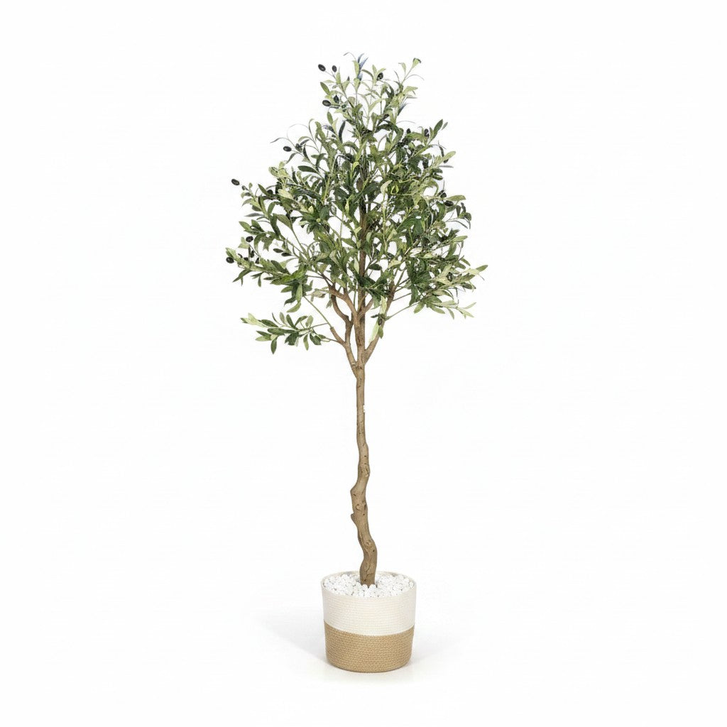 Wadi Home artificial olive tree with gnarled trunk, silvery-green leaves, and a two-tone jute and white pot.