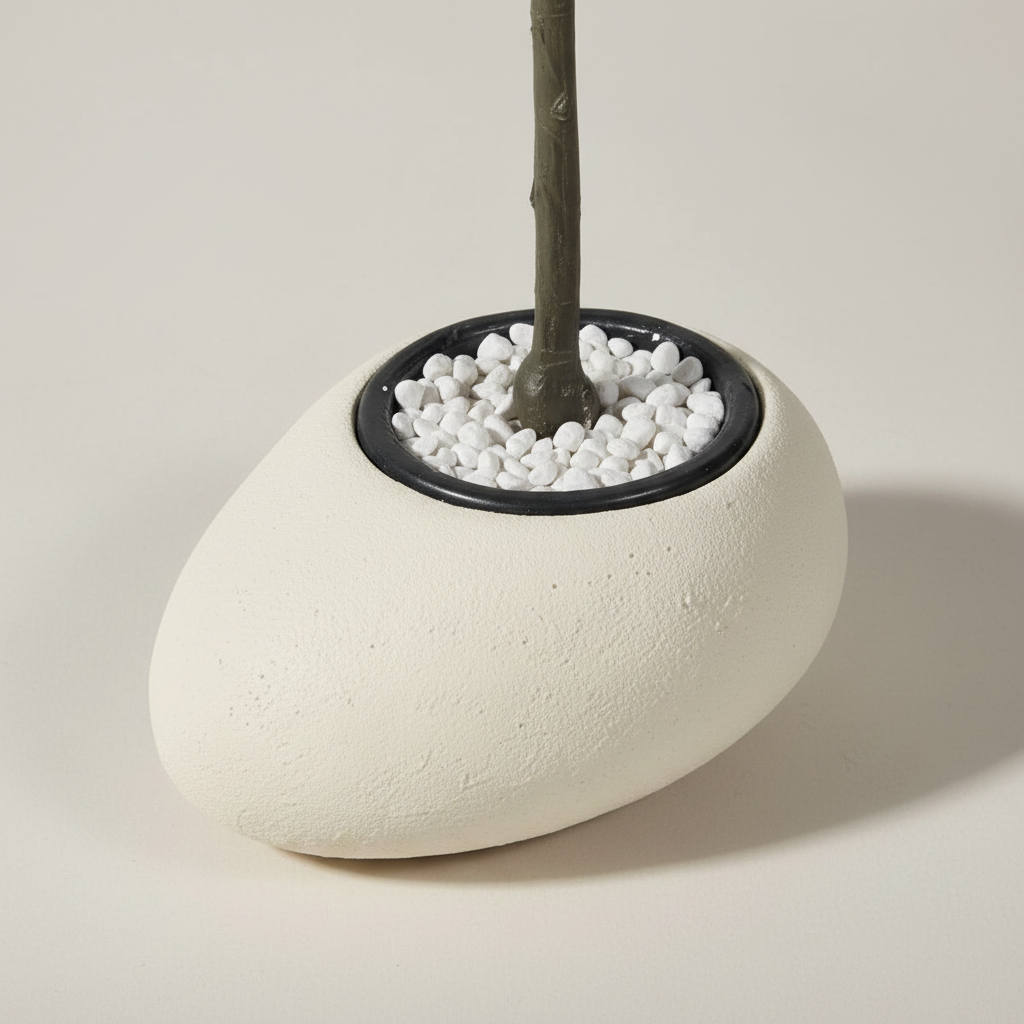 Wadi Home artificial olive tree base featuring a smooth white pebble-shaped pot filled with decorative white stones.