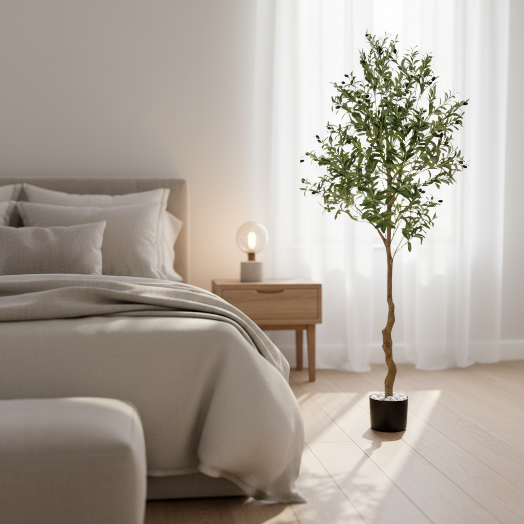 Wadi Home artificial olive tree with green foliage and faux olives in a black pot, placed in a bright modern bedroom.