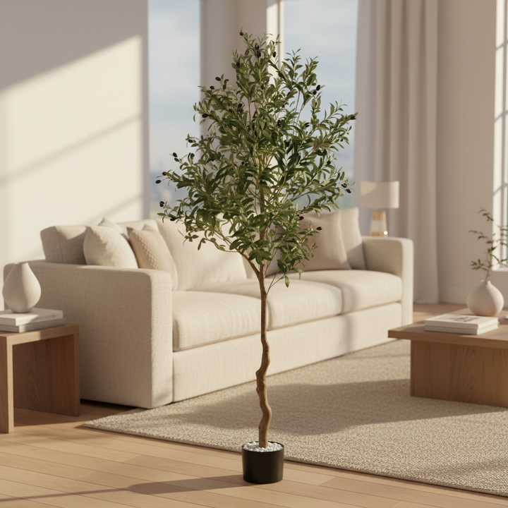 Wadi Home artificial olive tree with green foliage and black pot, displayed in a bright, modern living room.