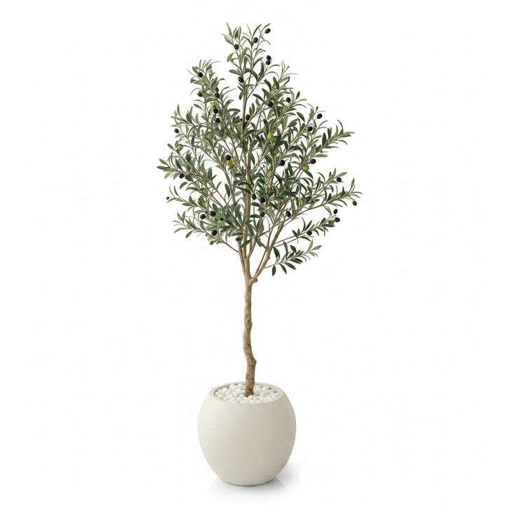 Wadi Home artificial olive tree with realistic green leaves and dark olives in a minimalist round pot with white stones