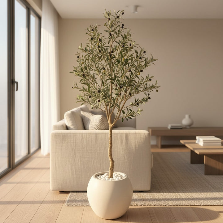 Wadi Home artificial olive tree with realistic foliage and dark olives in a minimalist white pot in a modern living room