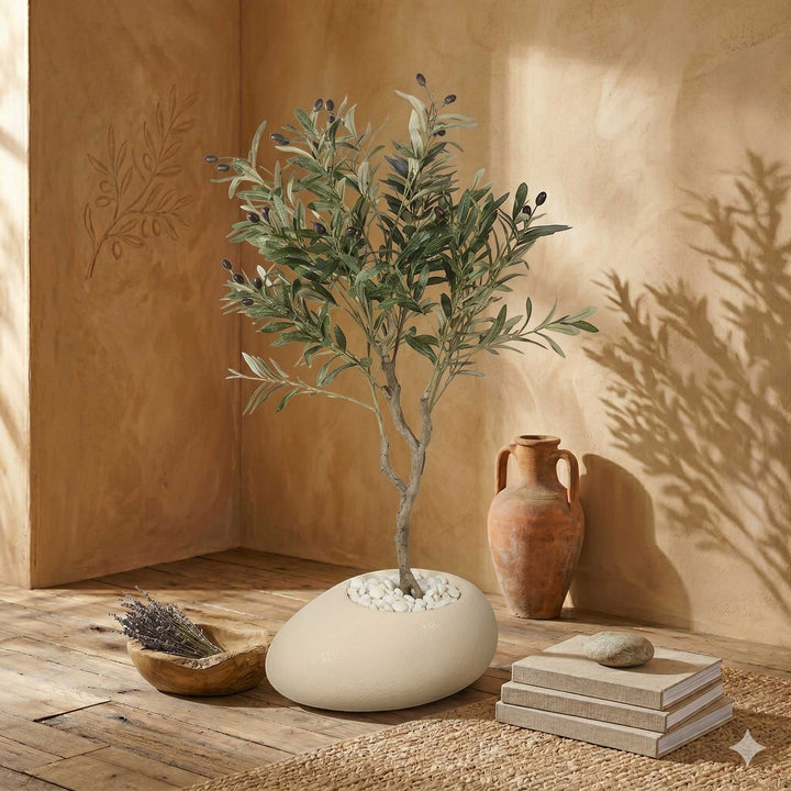 Wadi Home artificial olive tree with green leaves and dark olives in a cream stone-effect planter with white pebbles.