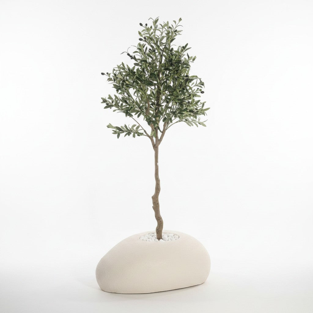 Wadi Home artificial olive tree with realistic green leaves and dark olives in a smooth organic stone planter