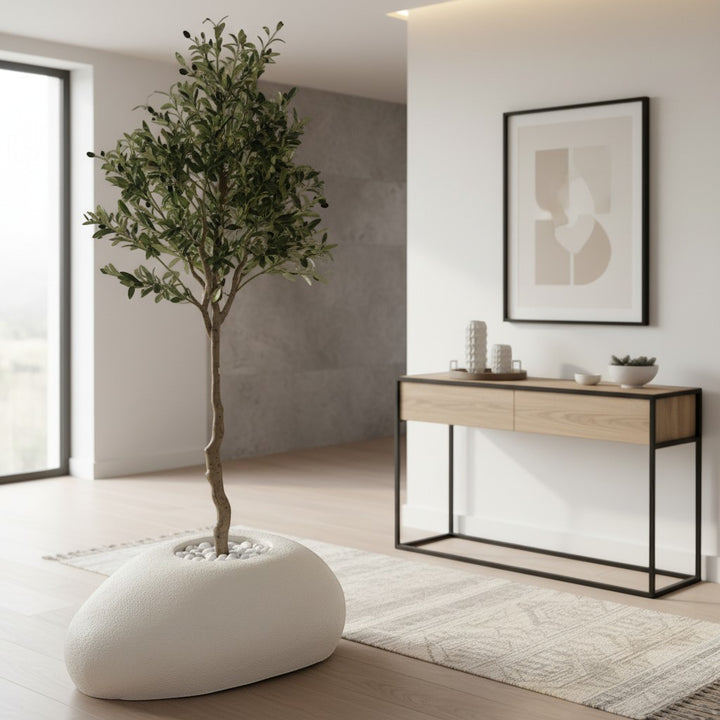 Wadi Home artificial olive tree with realistic green leaves and dark olives in a modern organic stone planter