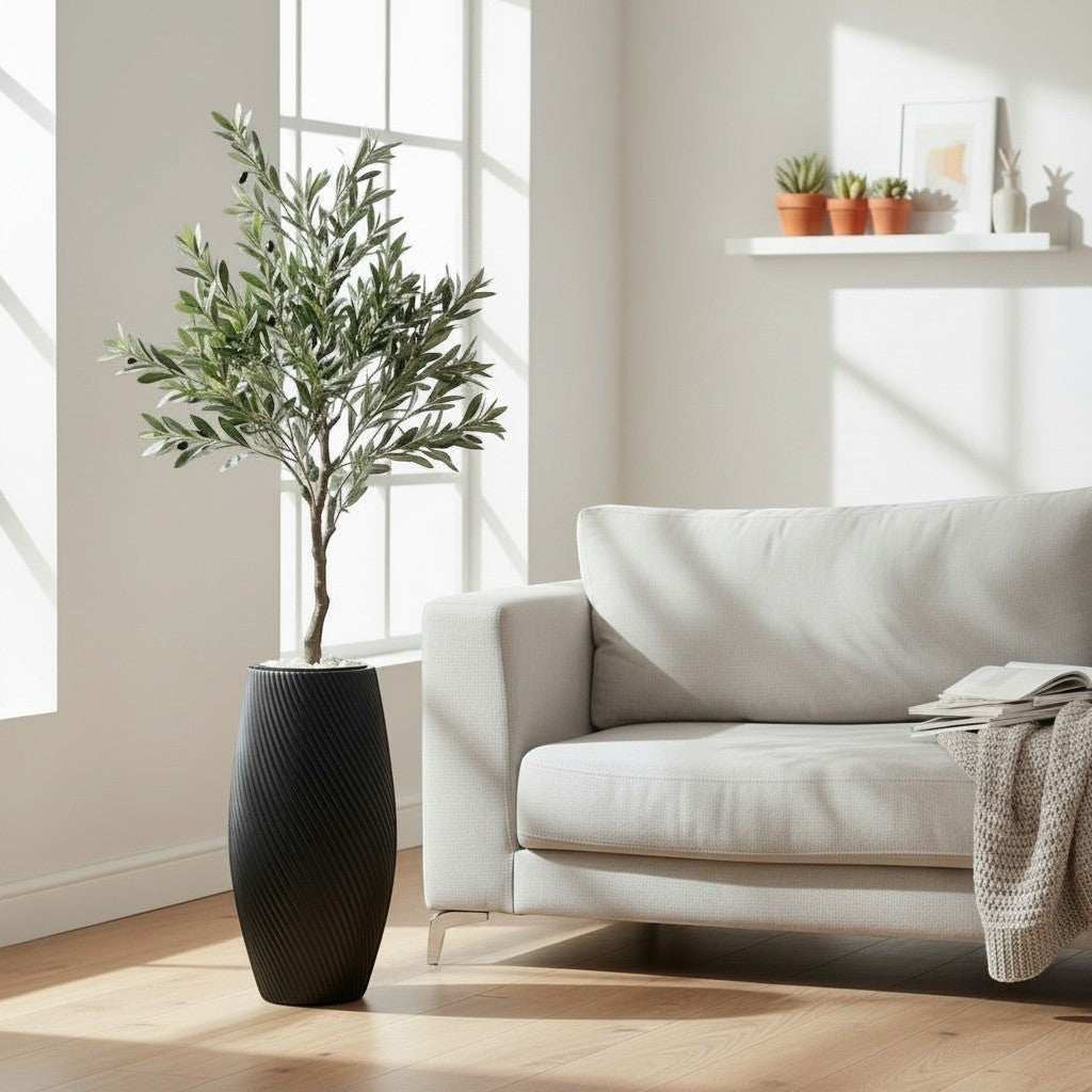 Wadi Home artificial olive tree with green leaves and black olives in a textured black planter.