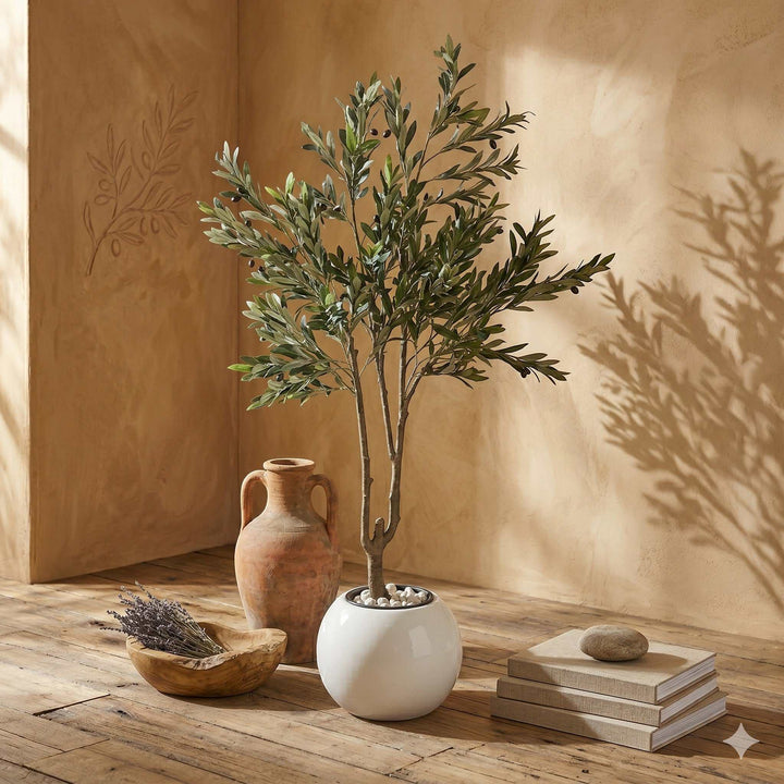 Wadi Home artificial olive tree with realistic green leaves and olives in a white planter. Mediterranean style.