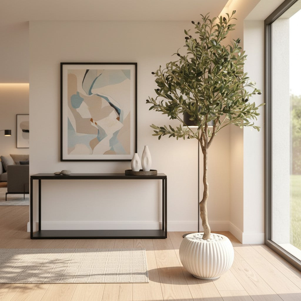 Wadi Home artificial olive tree with realistic foliage and olives in a ribbed white pot, styled in a modern living room.