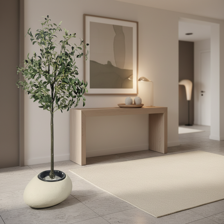 Wadi Home artificial olive tree with silvery-green leaves in a modern white pebble-shaped pot for home decor