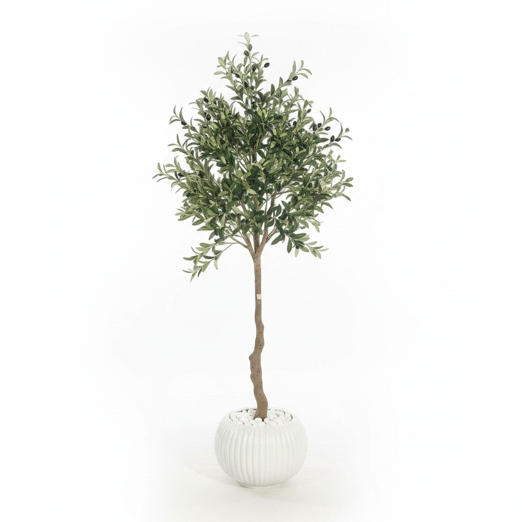 Wadi Home artificial olive tree with realistic green leaves and dark olives in a ribbed white pot on white background