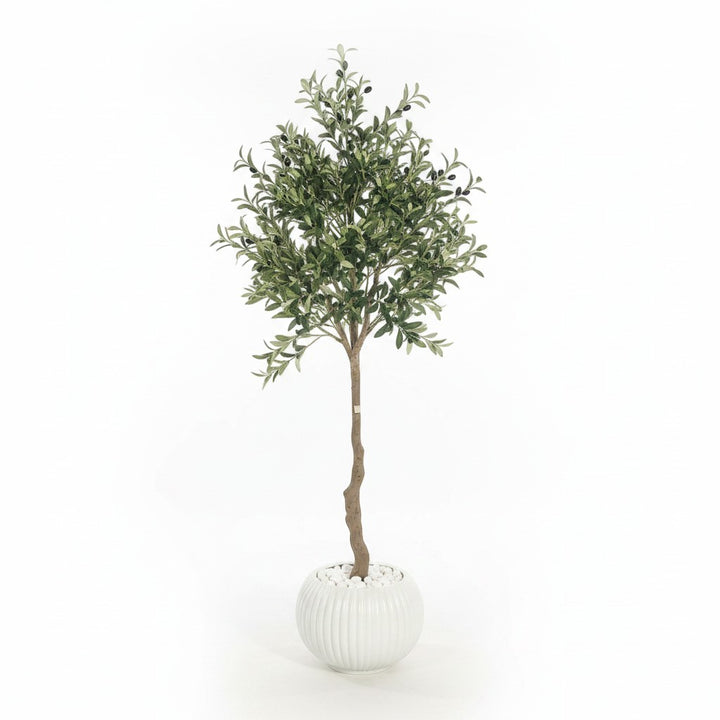 Wadi Home artificial olive tree with realistic green leaves and dark olives in a ribbed white pot on white background