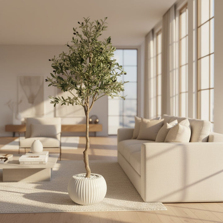 Wadi Home artificial olive tree with realistic green leaves and dark olives in a ribbed white pot in a bright living room