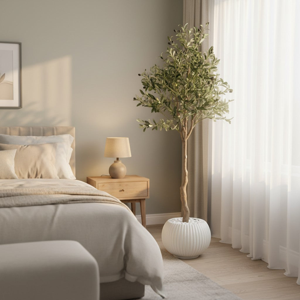 Wadi Home artificial olive tree with realistic foliage in a ribbed white pot, styled in a modern bedroom interior.