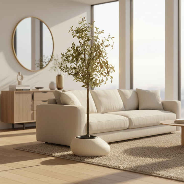 Wadi Home artificial olive tree with silvery-green leaves in a white pot, styled in a bright modern living room.