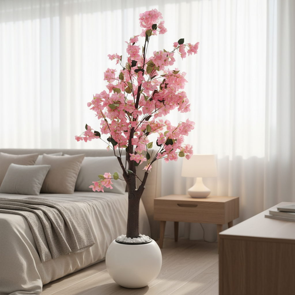 Wadi Home artificial pink blossom tree in a modern white spherical pot with decorative pebbles in a bright bedroom.