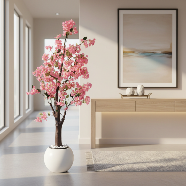 Wadi Home artificial pink blossom tree in a modern white spherical pot with decorative pebbles in a sunlit hallway.