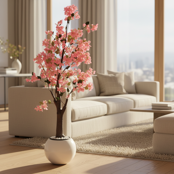 Wadi Home artificial pink blossom tree in a modern white spherical pot with decorative pebbles in a bright living room