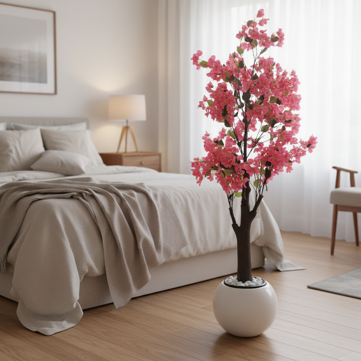 Wadi Home artificial bougainvillea tree with vibrant pink blossoms in a modern white spherical planter in a bedroom.