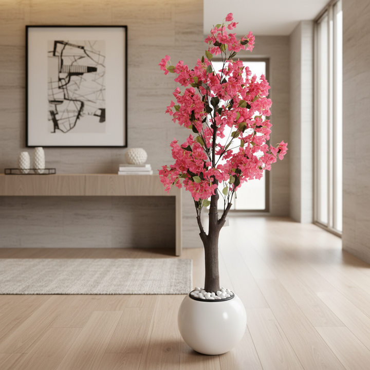 Wadi Home artificial bougainvillea tree with vibrant pink flowers in a modern white spherical planter with pebbles.