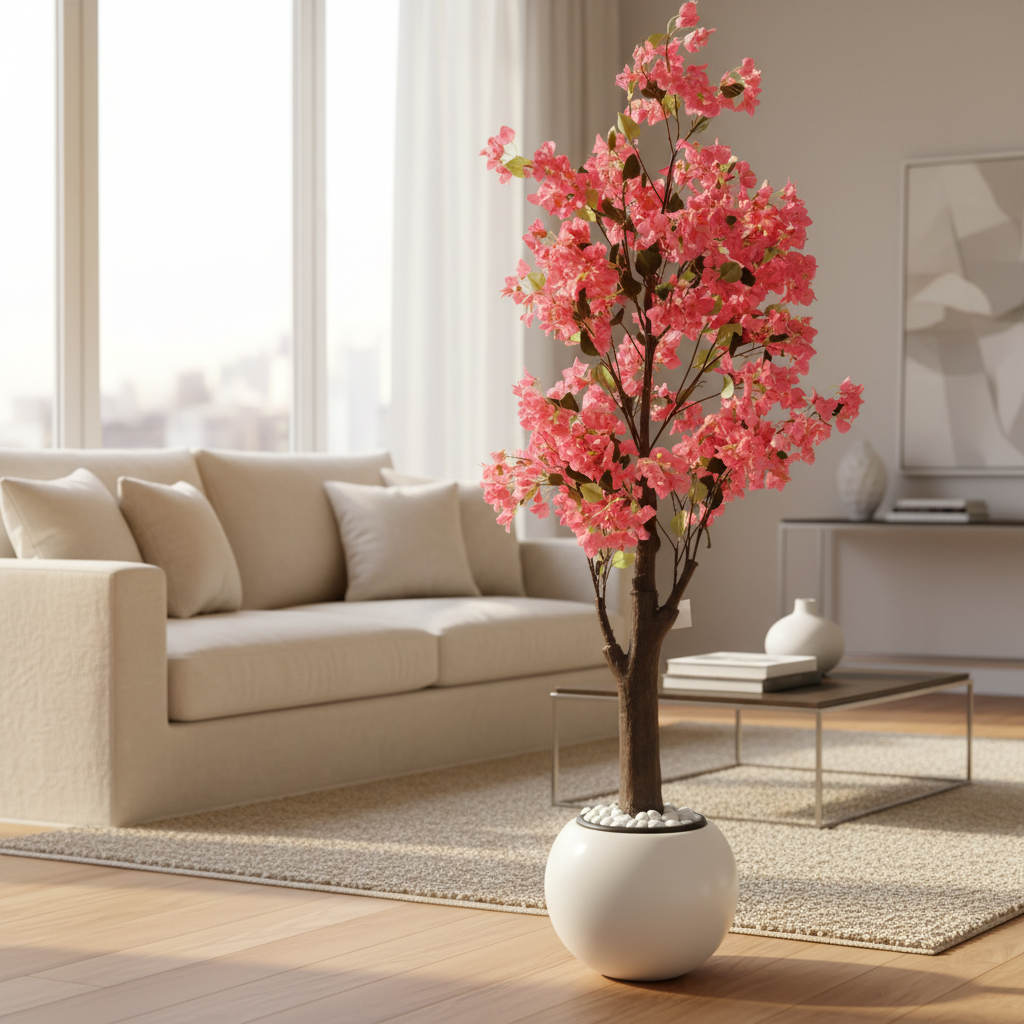 Wadi Home artificial bougainvillea tree with bright pink flowers in a modern white spherical planter in a living room