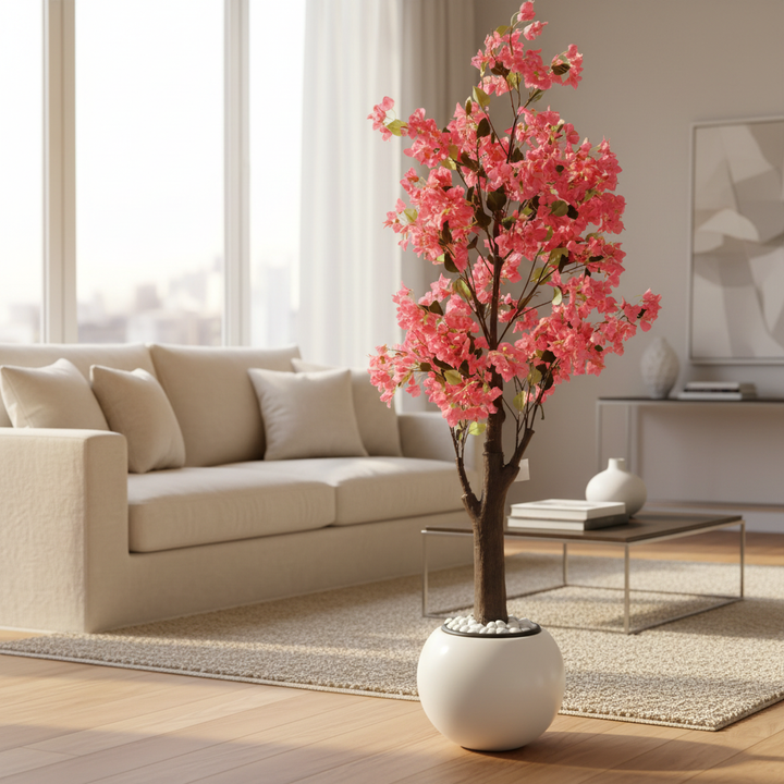 Wadi Home artificial bougainvillea tree with bright pink flowers in a modern white spherical planter in a living room