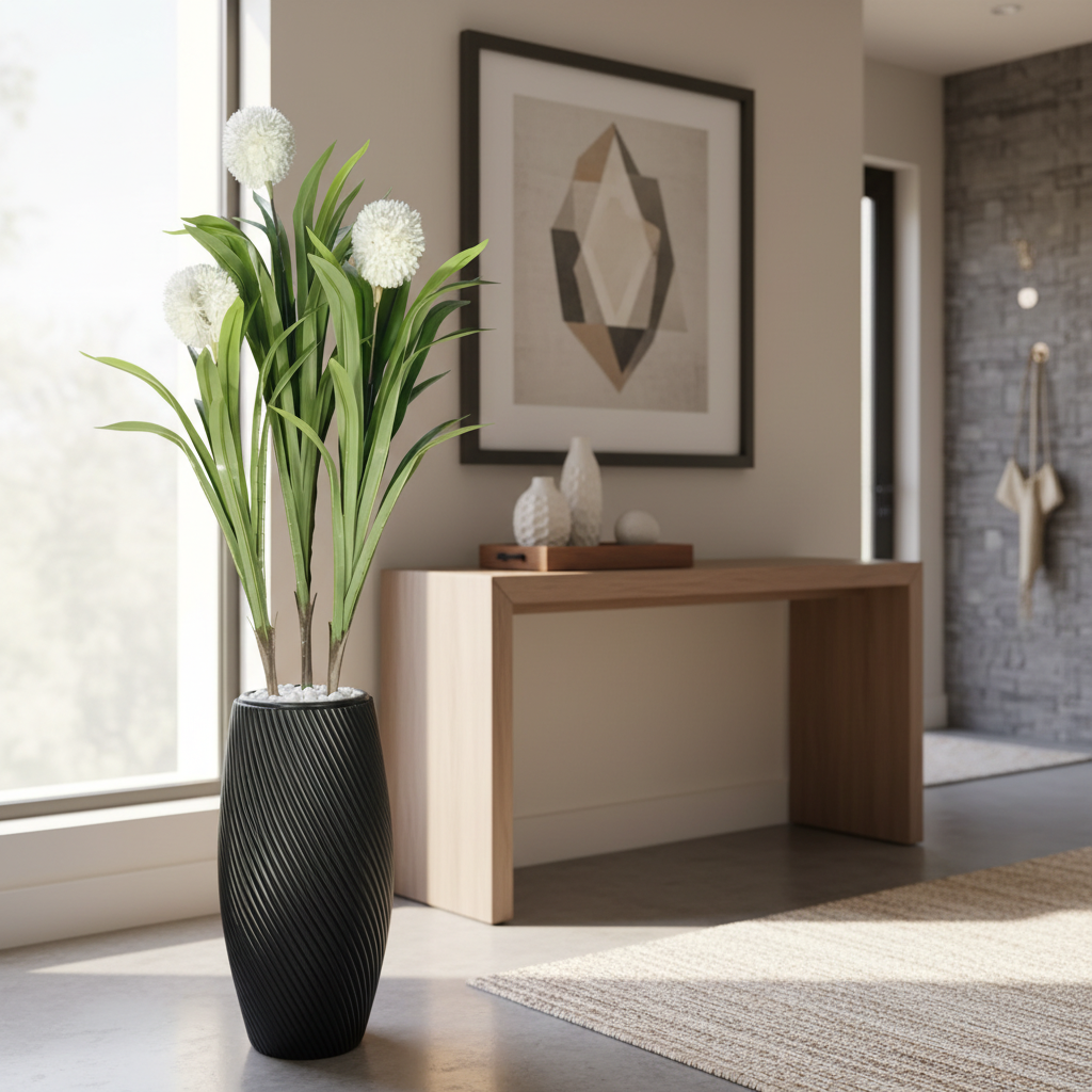 Wadi Home artificial plant with white spherical blooms and green leaves in a black textured spiral vase on a floor.