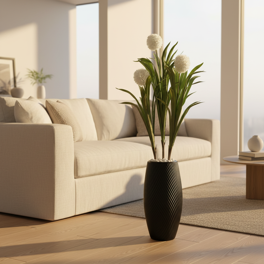 Wadi Home artificial plant with white spherical blooms and green foliage in a black textured spiral vase in a living room
