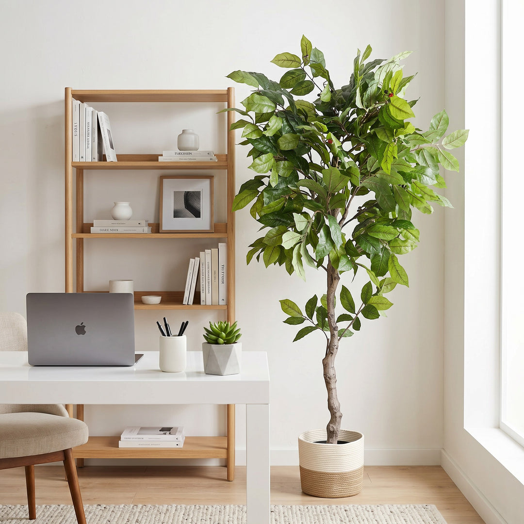 Wadi Home artificial potted tree with lush green leaves and red berries in a two-toned woven basket in a home office.