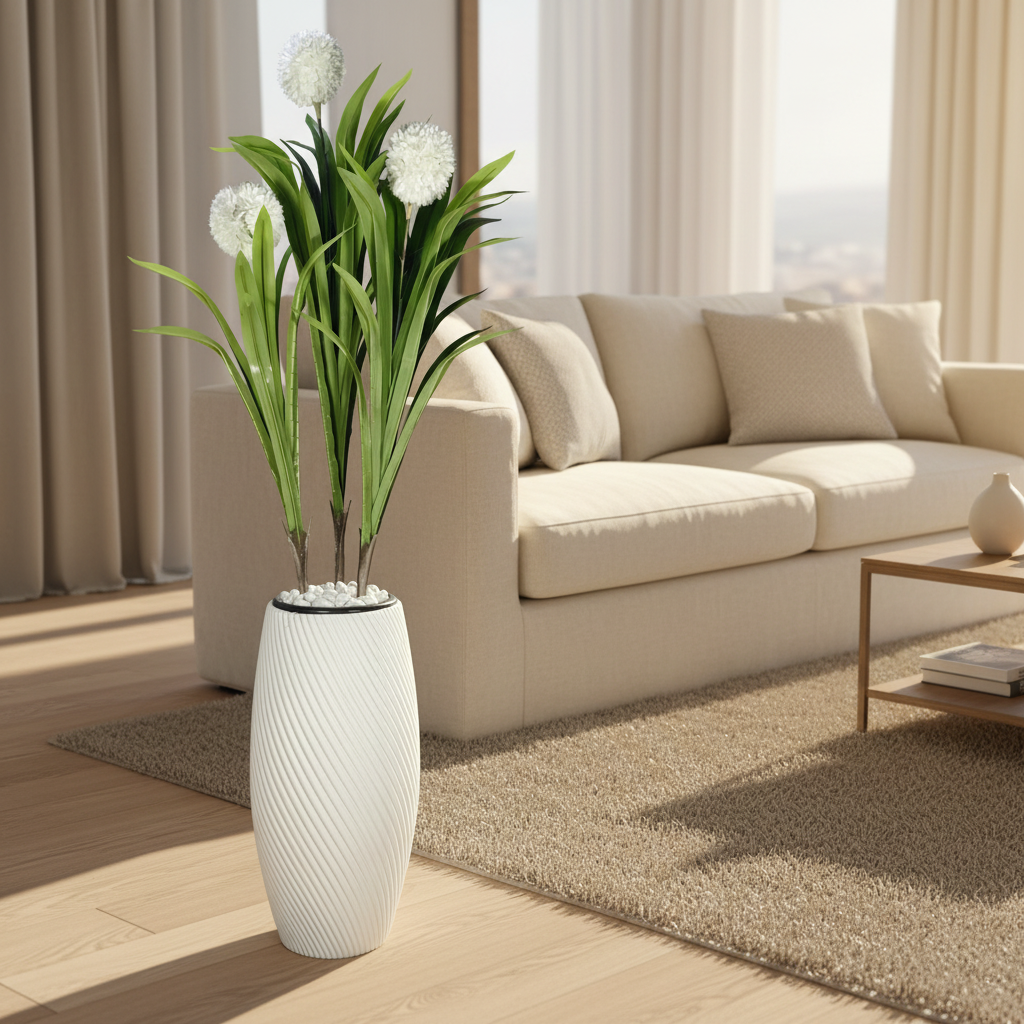 Wadi Home artificial yucca plant with green leaves and white flowers in a white textured spiral floor vase.