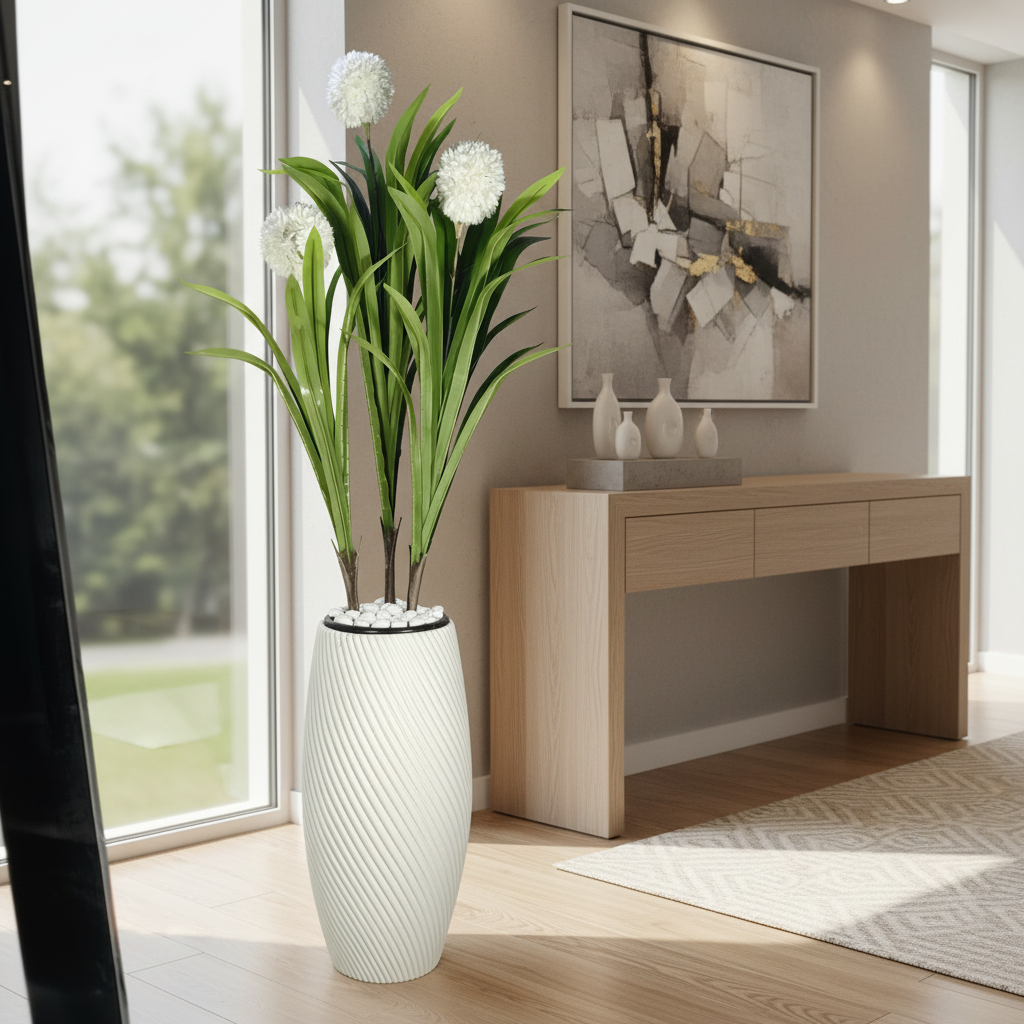 Wadi Home artificial yucca plant with white floral accents in a textured spiral white floor vase with stone base