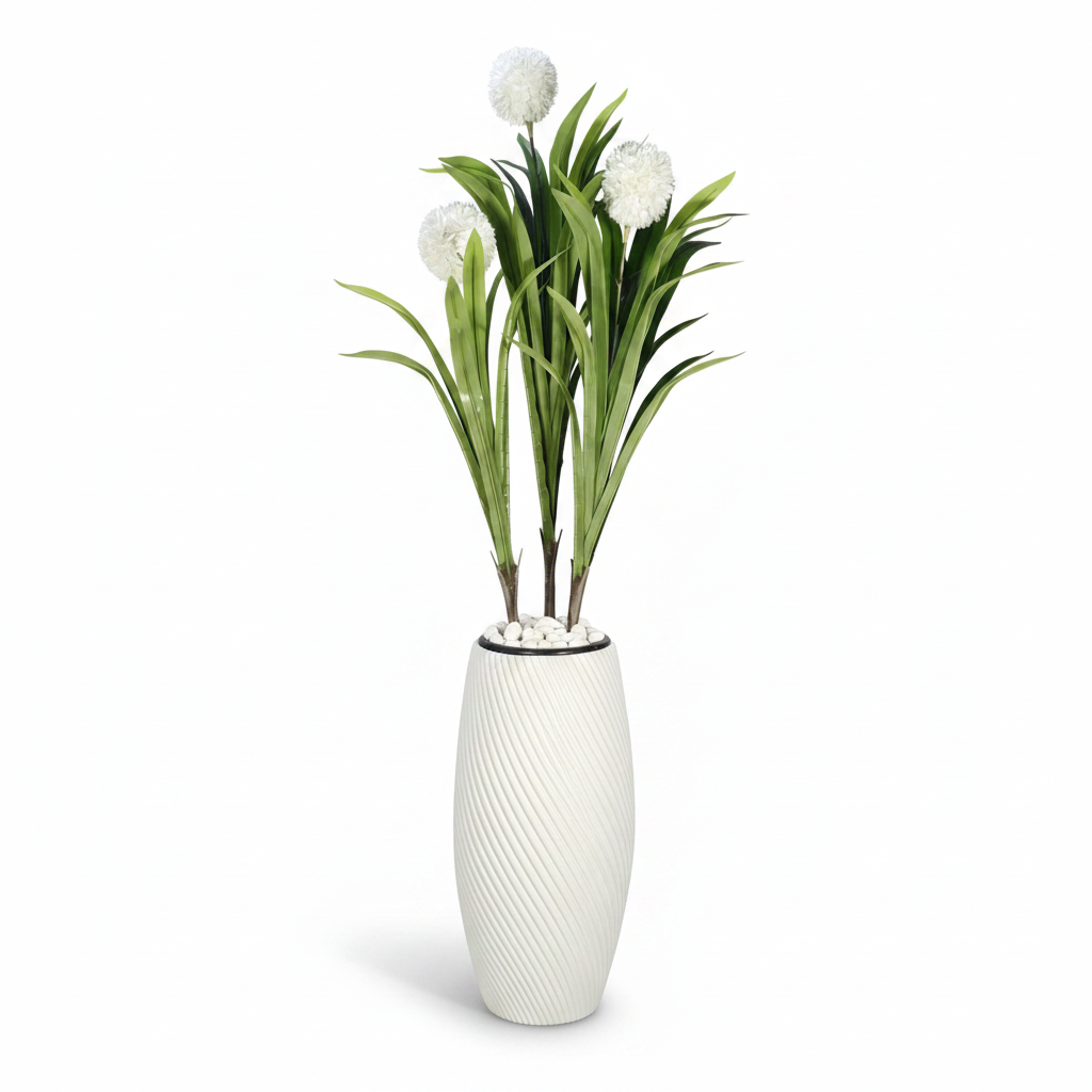 Wadi Home artificial yucca plant with green leaves and white flowers in a white textured spiral floor vase