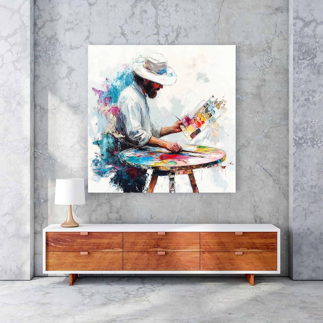 Wadi Home canvas wall art depicting an artist in a white hat painting with vibrant colors on a palette and table.