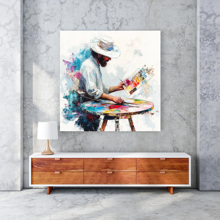 Wadi Home canvas wall art depicting an artist in a white hat painting with vibrant colors on a palette and table.