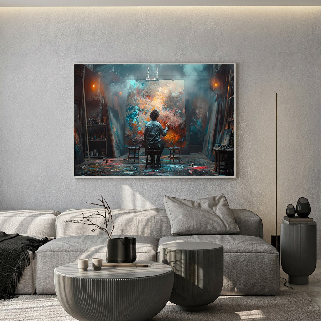 Wadi Home artist studio canvas print featuring a painter in a vibrant, moody workspace above a modern grey sofa.