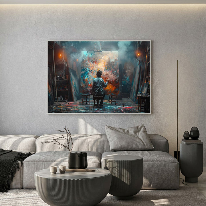 Wadi Home artist studio canvas print featuring a painter in a vibrant, moody workspace above a modern grey sofa.
