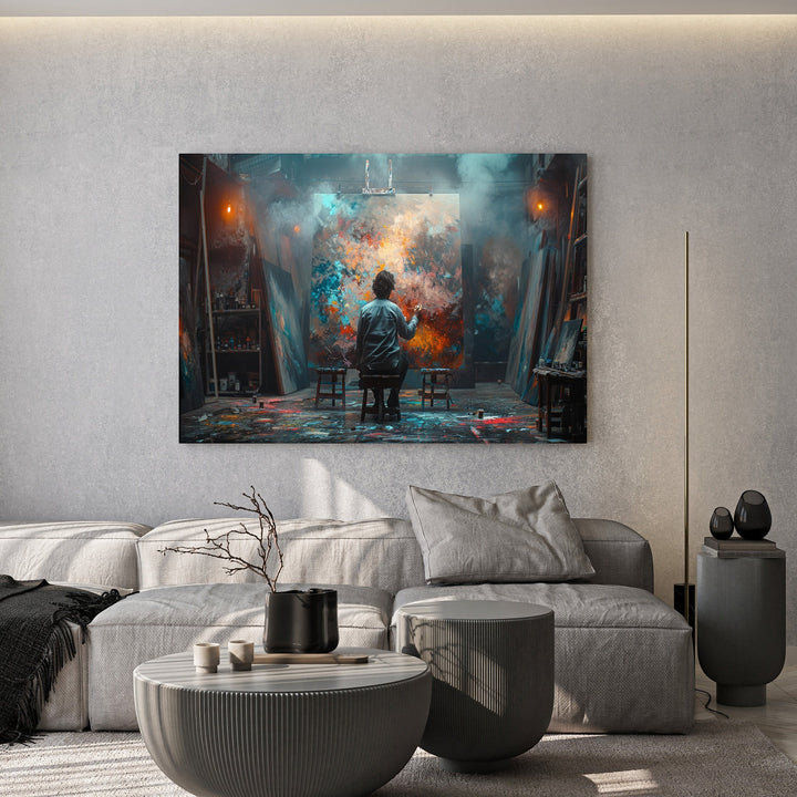 Wadi Home artist studio canvas print featuring a painter in a vibrant, moody industrial room above a modern sofa.